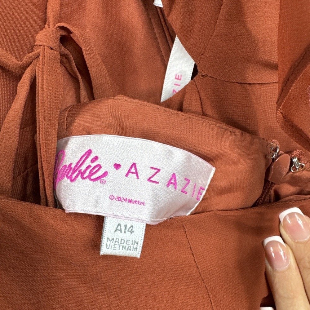 Azazie Rust Ruffled-Sleeve Column Gown - Picture 8 of 15